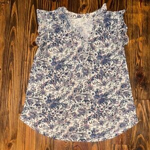 Lucky Brand Blue, Pink & White Ruffled Sleeveless Blouse with Keyhole Neck Tie